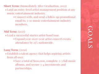 GOALS
Short Term: (Immediately After Graduation, 2022)
• Land an entry-level artist management position at any
music/entertainment industry.
‣ Connect with, and send a follow up promotional
email to, 5-10 music/entertainment industry
members.
Mid Term: (2027)
• Lead a successful starter artist/band tour.
‣ Expand year-over-year artist concert events
attendance by 25% nationwide.
Long Term: (2050)
• Establish a talent agency that helps aspiring artists
from all over.
‣ Save a total of $100,000, complete 2-3 full music
albums, and secure 3-4 investments and
partnerships.
 