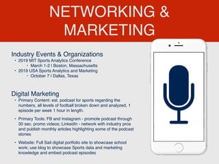 NETWORKING &
MARKETING
Industry Events & Organizations
• 2019 MIT Sports Analytics Conference
‣ March 1-2 | Boston, Massachusetts
• 2019 USA Sports Analytics and Marketing
‣ October 7 | Dallas, Texas
Digital Marketing
• Primary Content: est. podcast for sports regarding the
numbers, all levels of football broken down and analyzed, 1
episode per week 1 hour in length.
• Primary Tools: FB and Instagram - promote podcast through
30 sec. promo videos; LinkedIn - network with industry pros
and publish monthly articles highlighting some of the podcast
stories
• Website: Full Sail digital portfolio site to showcase school
work; use blog to showcase Sports data and marketing
knowledge and embed podcast episodes
 