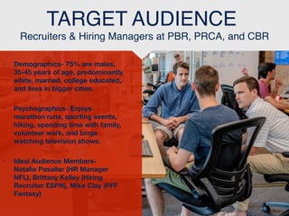 • Demographics- 75% are males,
35-45 years of age, predominantly
white, married, college educated,
and lives in bigger cities.
• Psychographics- Enjoys
marathon runs, sporting events,
hiking, spending time with family,
volunteer work, and binge
watching television shows.
• Ideal Audience Members-
Natalie Pasallar (HR Manager
NFL), Brittany Kelley (Hiring
Recruiter ESPN), Mike Clay (PFF
Fantasy)
Recruiters & Hiring Managers at PBR, PRCA, and CBR
TARGET AUDIENCE
 