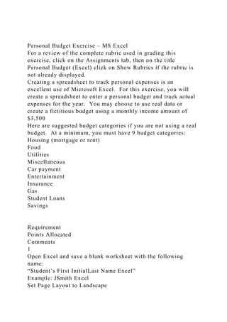 Personal Budget Exercise – MS Excel
For a review of the complete rubric used in grading this
exercise, click on the Assignments tab, then on the title
Personal Budget (Excel) click on Show Rubrics if the rubric is
not already displayed.
Creating a spreadsheet to track personal expenses is an
excellent use of Microsoft Excel. For this exercise, you will
create a spreadsheet to enter a personal budget and track actual
expenses for the year. You may choose to use real data or
create a fictitious budget using a monthly income amount of
$3,500
Here are suggested budget categories if you are not using a real
budget. At a minimum, you must have 9 budget categories:
Housing (mortgage or rent)
Food
Utilities
Miscellaneous
Car payment
Entertainment
Insurance
Gas
Student Loans
Savings
Requirement
Points Allocated
Comments
1
Open Excel and save a blank worksheet with the following
name:
“Student’s First InitialLast Name Excel”
Example: JSmith Excel
Set Page Layout to Landscape
 