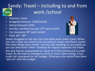 Sandy: Travel – including to and from 
work /school 
• Expense: travel 
• Budgeted Amount: £200/month 
• Actual Amount: £350 
• Due By: monthly bus pass 15th each month 
• Car insurance 28th each month 
• Paid: 16th, 28th. 
Sandy struggled as she was not sure what went under travel. When 
you use a topic you need to be sure what it covers and that it covers 
the same things each month. Use the split headings as accurately as 
you can and insert ‘other’ headings for regular expenses not listed. 
She also had an unexpected car repair for £150 and has put it under 
travel. As she had no emergency fund or hasn’t been saving, it has 
made her overspend on her budget. Otherwise she would have been 
‘spot on’ with her budget. 
 