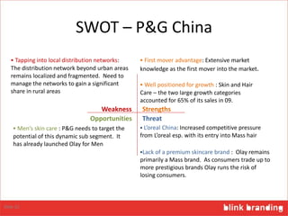 SWOT – P&G China
StrengthsWeakness
ThreatOpportunities
 L’oreal China: Increased competitive pressure
from L’oreal esp. with its entry into Mass hair
 Men’s skin care : P&G needs to target the
potential of this dynamic sub segment. It
has already launched Olay for Men
Lack of a premium skincare brand : Olay remains
primarily a Mass brand. As consumers trade up to
more prestigious brands Olay runs the risk of
losing consumers.
 Tapping into local distribution networks:
The distribution network beyond urban areas
remains localized and fragmented. Need to
manage the networks to gain a significant
share in rural areas
 Well positioned for growth : Skin and Hair
Care – the two large growth categories
accounted for 65% of its sales in 09.
 First mover advantage: Extensive market
knowledge as the first mover into the market.
Slide 22
 