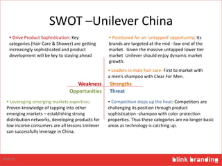 SWOT –Unilever China
StrengthsWeakness
ThreatOpportunities
 Leveraging emerging markets expertise:
Proven knowledge of tapping into other
emerging markets – establishing strong
distribution networks, developing products for
low income consumers are all lessons Unilever
can successfully leverage in China.
 Drive Product Sophistication: Key
categories (Hair Care & Shower) are getting
increasingly sophisticated and product
development will be key to staying ahead
 Positioned for an ‘untapped’ opportunity: Its
brands are targeted at the mid - low end of the
market. Given the massive untapped lower tier
market Unilever should enjoy dynamic market
growth.
 Leaders in male hair care: First to market with
a men’s shampoo with Clear For Men.
Slide 24
 Competition steps up the heat: Competitors are
challenging its position through product
sophistication -shampoo with color protection
properties. Thus these categories are no longer basic
areas as technology is catching up.
 