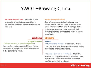 SWOT –Bawang China
StrengthsWeakness
ThreatOpportunities
 Narrow product line: Compared to the
international giants the product line is
narrow and revenues highly dependant on
hair care
 Well covered channels:
One of the strongest distributions with a
multi-channel strategy to service from large
chain retailers to Mom and Pop shops. Sales
representatives secure new channels and
‘Bawang Flowers’ promote the brand at the in-
store level.
 Multinational Players: Global competitors
continue to pose a threat given their marketing
muscle and financial resources.
 Chinese herbals , a growth segment: A
Euromonitor study suggests Chinese herbal
shampoos, is likely to attract more consumers
in the coming five years .
 Lowered consumer confidence: The SFDA
warning on exaggerated claims after bad PR on
high dioxane levels may weaken consumer
confidence in their products.
Slide 25
 