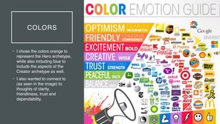 COLORS
• I chose the colors orange to
represent the Hero archetype,
while also including blue to
include the aspects of the
Creator archetype as well
.

• I also wanted to connect to
(as seen in the image) to
thoughts of clarity,
friendliness, trust and
dependability.
 