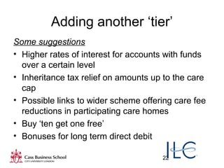 22
Adding another ‘tier’
Some suggestions
• Higher rates of interest for accounts with funds
over a certain level
• Inheritance tax relief on amounts up to the care
cap
• Possible links to wider scheme offering care fee
reductions in participating care homes
• Buy ‘ten get one free’
• Bonuses for long term direct debit
 