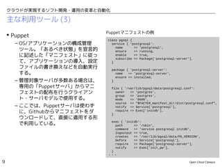 クラウドが実現するソフト開発・運用の変革と自動化

    主な利用ツール (3)
                             Puppetマニフェストの例
     Puppet
                             class pgsql {
      – OS/アプリケーションの構成管理       service { 'postgresql':
        ツール。「あるべき状態」を宣言的         name
                                 ensure
                                           => 'postgresql',
                                           => running,
        に記述した「マニフェスト」に従っ         enable    => true,
                                 subscribe => Package['postgresql-server'],
        て、アプリケーションの導入、設定       }
        ファイルの書き換えなどを自動実行       package { 'postgresql-server':
        する。                      name   => 'postgresql-server',
                                 ensure => installed,
      – 管理対象サーバが多数ある場合は、       }
        専用の「Puppetサーバ」からマニ     file { '/var/lib/pgsql/data/postgresql.conf':
        フェストの配布を行うクライアン          owner   => 'postgres',
                                 group   => 'postgres',
        ト・サーバモデルで使用する。           mode    => '0600',
                                 source => "$FACTER_manifest_dir/dist/postgresql.conf",
      – ここでは、Puppetサーバは使わず       notify => Service['postgresql'],
        に、Githubからマニフェストをダ     }
                                 require => Exec['initdb'],

        ウンロードして、直接に適用する形
                              exec { 'initdb':
        で利用している。                path      => '/sbin',
                                command   => 'service postgresql initdb',
                                logoutput => true,
                                creates   => '/var/lib/pgsql/data/PG_VERSION',
                                before    => Service['postgresql'],
                                require   => Package['postgresql-server'],
                                notify    => Exec['init_pw'],
                              }
                             ・・・

9                                                                       Open Cloud Campus
 