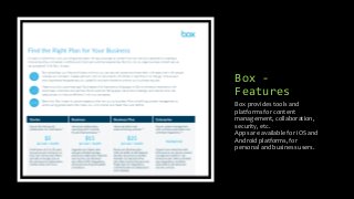 Box -
Features
Box provides tools and
platforms for content
management, collaboration,
security, etc.
Apps are available for iOS and
Android platforms, for
personal and business users.
 