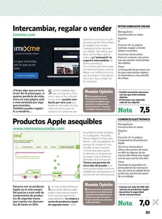 ¿Tienes algo que ya no te
sirve? No te preocupes, si
quieres perderlo de vista,
entra en esta página web
e intercámbialo por algo
que necesites.
También puedes regalar-
lo o venderlo…
Si te han regalado algo
que no te gusta o no te
sirve o que no has utilizado
nunca, ahora -
que
desees en esta web. No tires
nada. Imixme te pone en
contacto con personas que
quieren lo que tú ya no utili-
zas para que las intercambies,
las regales o las vendas.
Cualquiera de las opciones
son válidas. Sólo tienes que
decir qué te falta y qué te
sobra y
de
forma automática.
Tú no tienes que hacer nada,
únicamente esperar a que te
llegue una notiﬁcación en la
que te indique si hay alguien
cerca de ti que cumpla con
los requisitos.
Nota 7,5
imixme.com
Intercambiar, regalar o vender Navegadores
Funciona bien en todos
Registro
Sí
Función de la página
Cambiar, regalar o vender
objetos reciclados
Servicios destacables
Pone en contacto a las perso-
nas que quieren intercambiar
dos objetos
Otros
La búsqueda de personas con
las que intercambiar objetos
es automática y muy sencilla
de utilizar
INTERCAMBIADORONLINE
Nuestra Opinión
83
Hacerse con un producto
Apple ya es más asequi-
ble gracias a esta web de
compraventa de produc-
tos de segunda mano,
que cuenta con descuen-
tos de hasta un 60%.
Las más de 400 referencias
que posee Manzausadas
avalan a esta startup españo-
la de comercio electrónico
especializada en
. Todos
los productos están divididos
en 6 categorías –iPod, Mac,
iPhone, Apple TV, iPad y Peri-
féricos– y 26 subcategorías. El
proceso de compra es muy
sencillo, ya que el usuario
no tiene que preocuparse
ni del envío, ni de gestionar
los pagos ni las incidencias
derivadas de la transacción.
y un
envío protocolizado con la tra-
zabilidad de cada paquete y el
número de serie del producto.
Nota 7,0
-
www.manzanasusadas.com
Productos Apple asequibles Navegadores
Funciona bien en todos
Registro
Sí
Función de la página
Compraventa de productos
Apple
Servicios destacables
Ofrece descuentos de hasta
un 60% en algunas de las
más de 400 referencias Apple
con las que cuenta esta web
Otros
Garantiza la seguridad y la
privacidad de las transaccio-
nes, así como la calidad de los
productos que forman parte
de su catálogo
COMERCIO ELECTRÓNICO
Nuestra Opinión
 