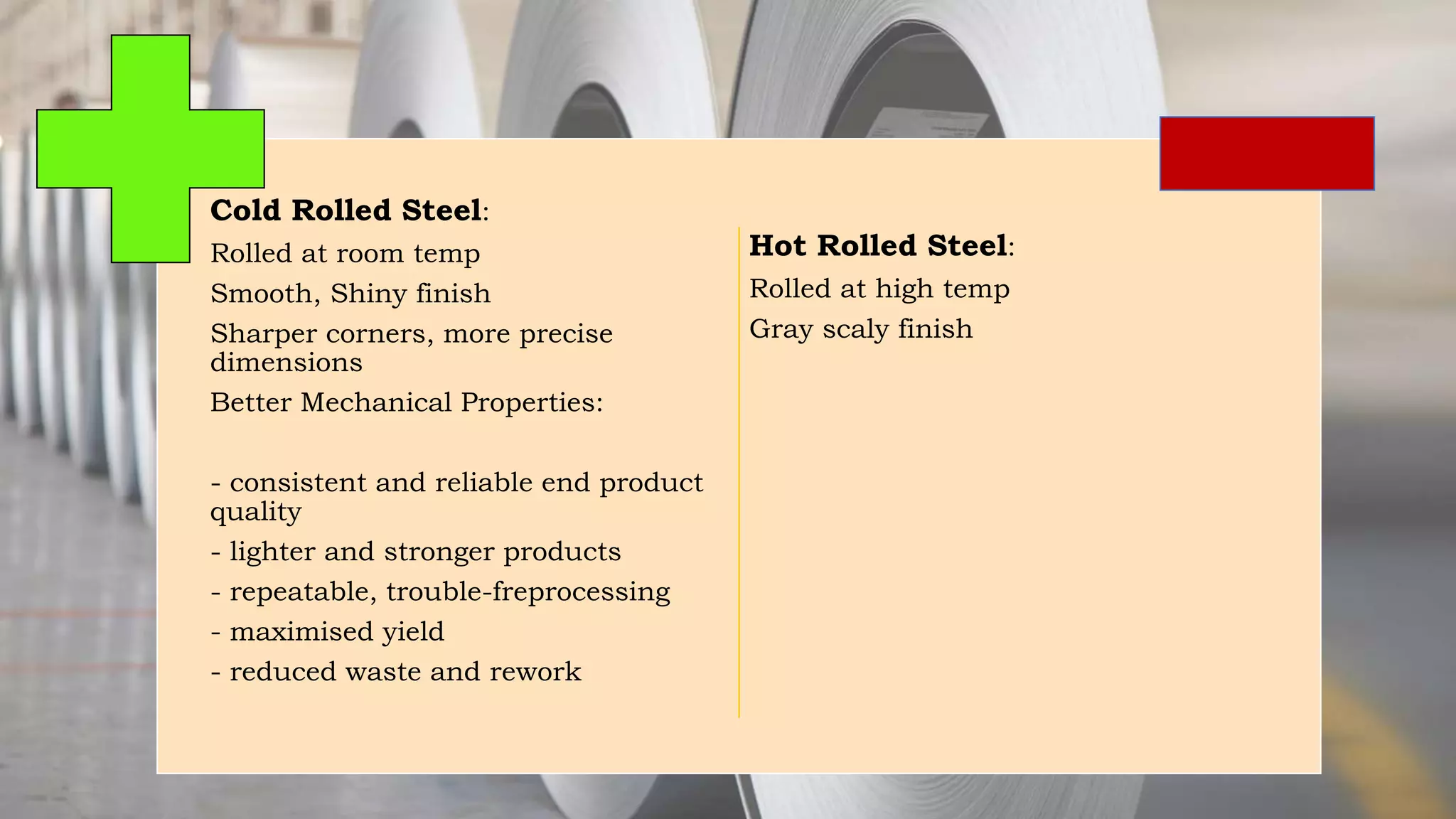 Cold Rolled Steel:
Rolled at room temp
Smooth, Shiny finish
Sharper corners, more precise
dimensions
Better Mechanical Properties:
- consistent and reliable end product
quality
- lighter and stronger products
- repeatable, trouble-freprocessing
- maximised yield
- reduced waste and rework
Hot Rolled Steel:
Rolled at high temp
Gray scaly finish
 
