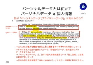 パーソナルデータとは何か?
パーソナルデータ 個人情報
Gohsuke Takama
Ver0.83
何が「パーソナルデータ (プライバシーデータ)」にあたるのか？
→EUもUSAも直接/間接/凝集/リンクにより個人を特定できることに関するデータ
すべてを対象にしている
→この「パーソナルデータ」と、日本の個人情報保護法でいう「個人情報」 (生存
する個人に関する情報であって、...特定の個人を識別することができるもの) は定義
の範囲が違っている→EUとUSAは、データの種別ではなく利用目的と取扱いが重点
USA消費者プライバシー
権利章典→
EU総合データ保護規則→
→日本の今の個人情報保護法ではEUとUSAのパーソナルデータ保護に対応できない
→そのため(データ主体)本人自身が登録したデータ、(データ管理者による)管理用
のデータ、演繹・派生生成のメタデータを全て含みうる
18
 