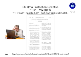 EU Data Protection Directive
EUデータ保護指令
「パーソナルデータの処理とそのデータの自由な移動における個人の保護」
Gohsuke Takama
Ver0.83
http://ec.europa.eu/justice/policies/privacy/docs/95-46-ce/dir1995-46_part1_en.pdf
19
 