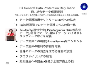 EU General Data Protection Regulation
EU 総合データ保護規則
「パーソナルデータの処理とそのデータの自由な移動における個人の保護」
• データ保護適用テリトリーのEU外への拡大
• EU加盟国間でのデータ保護レベルの均一化
• EU域外へのデータ移動は監督局の許可が必要
• Re-Identify(再特定化), Pseudonymous Data(仮名化
データ), 暗号化データ, 遺伝子データ, バイオメト
リックデータなどを定義
• データ主体との明確(Un-ambiguous)なコンセント
• 消去請求権などデータ主体の権利の詳細を定義
• プロファイリングの制限
• 規則違反への罰金: €1億か全世界売上の5%
Ver0.83
Gohsuke Takama
31
 