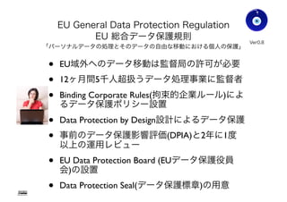 EU General Data Protection Regulation
EU 総合データ保護規則
「パーソナルデータの処理とそのデータの自由な移動における個人の保護」
• 12ヶ月間5千人超扱うデータ取扱事業に監督者
• Binding Corporate Rules(法的拘束される企業規
則)によるデータ保護規則と施策と監督者設置
• 技術的・組織的なセキュリティ施策の配備
• Data Protection by Design設計によるデータ保護
• 事前のデータ保護影響評価(DPIA)と2年に1度
以上の運用レビュー
• データ流出などに事故公表義務
• EU Data Protection Board(EU全体役員会)設置
• Data Protection Seal(データ保護標章)の用意
Ver0.83
Gohsuke Takama
32
 