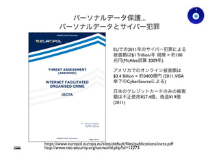 パーソナルデータ保護...
パーソナルデータとサイバー犯罪
https://www.europol.europa.eu/sites/default/ﬁles/publications/iocta.pdf
http://www.net-security.org/secworld.php?id=12273
EUでの2011年のサイバー犯罪による
被害額は$1 Trillion/年 規模 = 約100
兆円(McAfee試算 2009年)
アメリカでのオンライン被害額は
$3.4 Billion = 約3400億円 (2011,VISA
傘下のCyberSourceによる)
日本のクレジットカードのみの被害
額は不正使用¥57.4億、偽造¥19億
(2011)
Gohsuke Takama
Ver0.83
44
 