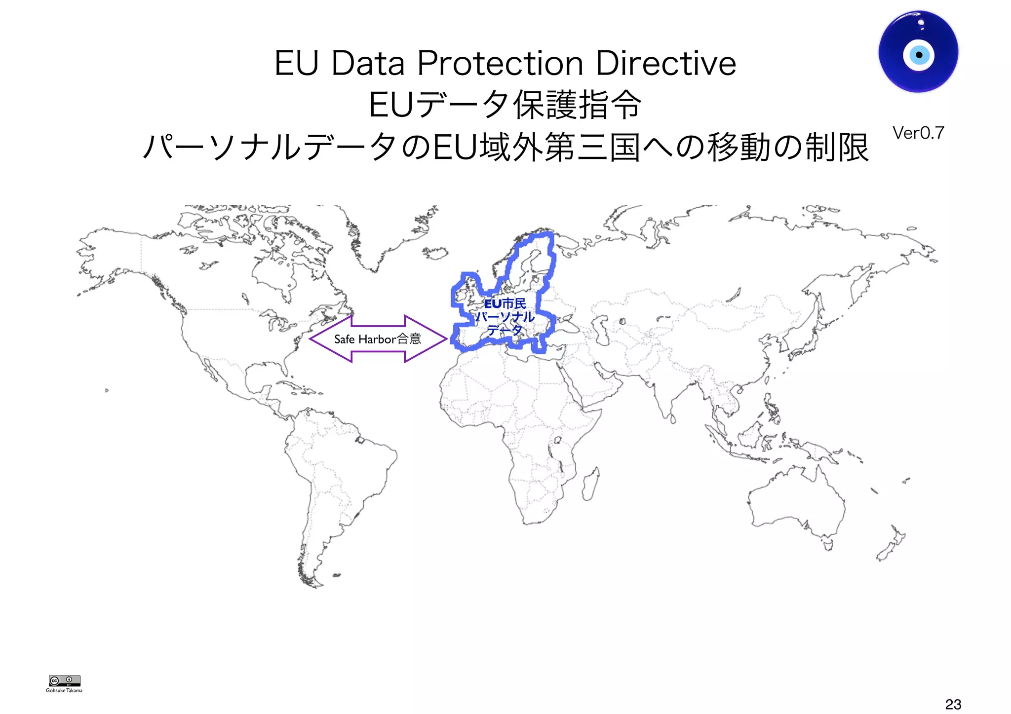 EU Data Protection Directive
EUデータ保護指令
パーソナルデータのEU域外第三国への移動の制限
Gohsuke Takama
Ver0.8
EU市民
パーソナル
データ
Safe Harbor合意
23
 
