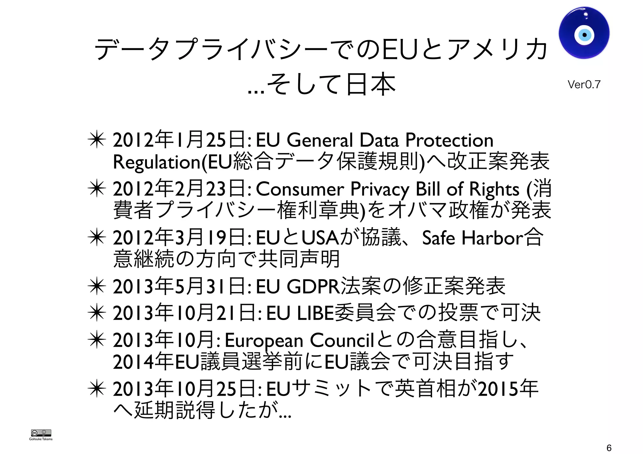 データプライバシーでのEUとアメリカ
...そして日本
✴ 2012年1月25日: EU General Data Protection
Regulation(EU総合データ保護規則)へ改正案発表
✴ 2012年2月23日: Consumer Privacy Bill of Rights (消
費者プライバシー権利章典)をオバマ政権が発表
✴ 2012年3月19日: EUとUSAが協議、Safe Harbor合
意継続の方向で共同声明
✴ 2013年5月31日: EU GDPR法案の修正案発表
✴ 2013年10月21日: EU LIBE委員会での投票で可決
✴ 2013年10月: European Councilとの合意目指し、
2014年EU議員選挙前にEU議会で可決目指す
✴ 2013年10月25日: EUサミットで英首相が2015年
へ延期説得したが...
Gohsuke Takama
Ver0.8
6
 