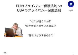 EUのプライバシー保護法制 vs
USAのプライバシー保護法制
"どこが違うのか?"
"何が求められているのか?"
"日本はどうするのか?"
Gohsuke Takama
Ver0.8
11
 