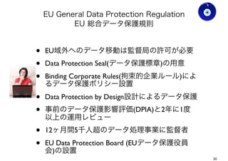 EU General Data Protection Regulation
EU 総合データ保護規則
• EU域外へのデータ移動は監督局の許可が必要
• Data Protection Seal(データ保護標章)の用意
• Binding Corporate Rules(拘束的企業ルール)によ
るデータ保護ポリシー設置
• Data Protection by Design設計によるデータ保護
• 事前のデータ保護影響評価(DPIA)と2年に1度
以上の運用レビュー
• 12ヶ月間5千人超扱うデータ処理事業に監督者
• EU Data Protection Board (EUデータ保護役員
会)の設置
Ver0.8
Gohsuke Takama
30
 