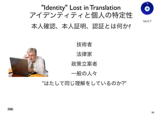 "Identity" Lost in Translation
アイデンティティと個人の特定性
本人確認、本人証明、認証とは何か?
技術者
法律家
政策立案者
一般の人々
"はたして同じ理解をしているのか?"
Gohsuke Takama
Ver0.8
38
 