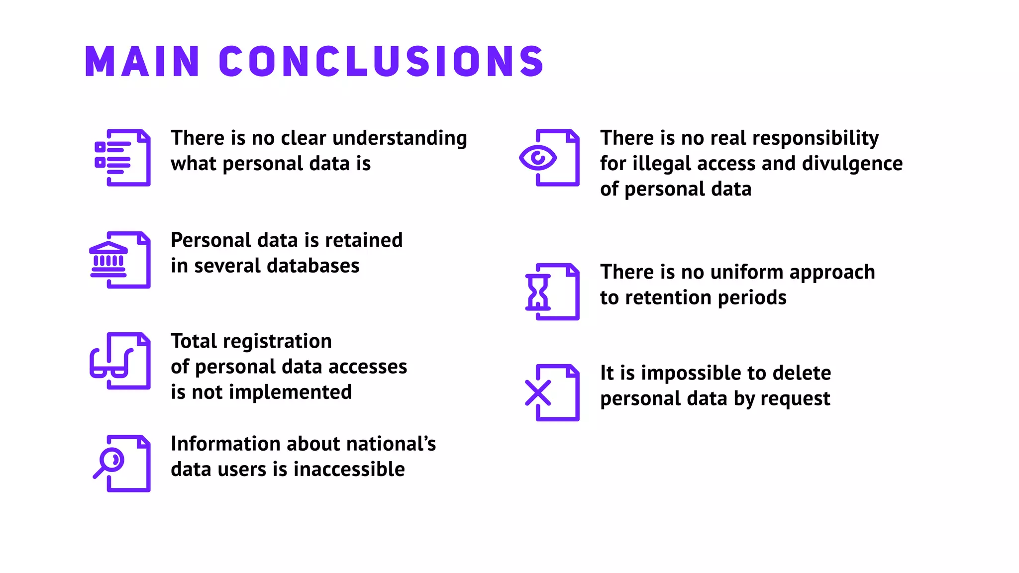There is no clear understanding
what personal data is
Personal data is retained
in several databases
Total registration
of personal data accesses
is not implemented
Information about national’s
data users is inaccessible
There is no real responsibility
for illegal access and divulgence
of personal data
There is no uniform approach
to retention periods
It is impossible to delete
personal data by request
MAIN CONCLUSIONS
 