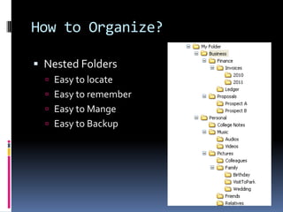 How to Organize?Nested FoldersEasy to locateEasy to rememberEasy to MangeEasy to Backup