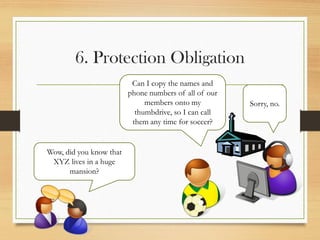 6. Protection Obligation
Can I copy the names and
phone numbers of all of our
members onto my
thumbdrive, so I can call
them any time for soccer?
Sorry, no.
Wow, did you know that
XYZ lives in a huge
mansion?
 
