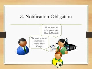 3. Notification Obligation
Hi we want to
invite you to our
Church Musical!
We want to invite
your kids to
attend Bible
Camp!
 