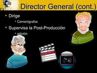  Dirige
 Camarógrafos
 Supervisa la Post-Producción
 edición
Director General (cont.)Director General (cont.)
 