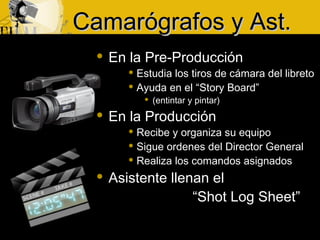 Camarógrafos y Ast.Camarógrafos y Ast.
 En la Pre-Producción
 Estudia los tiros de cámara del libreto
 Ayuda en el “Story Board”
 (entintar y pintar)
 En la Producción
 Recibe y organiza su equipo
 Sigue ordenes del Director General
 Realiza los comandos asignados
 Asistente llenan el
“Shot Log Sheet”
 