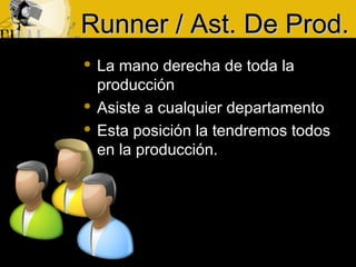 Runner / Ast. De Prod.Runner / Ast. De Prod.
 La mano derecha de toda la
producción
 Asiste a cualquier departamento
 Esta posición la tendremos todos
en la producción.
 