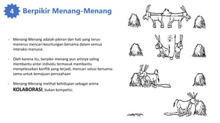 4 Berpikir Menang-Menang
- Menang-Menang adalah pikiran dan hati yang terus-
menerus mencari keuntungan bersama dalam semua
interaksi manusia.
- Oleh karena itu, berpikir menang pun artinya saling
membantu antar individu termasuk membantu
menyelesaikan konflik yang terjadi, mencari solusi bersama-
sama untuk kemajuan perusahaan
- Menang-Menang melihat kehidupan sebagai arena
KOLABORASI, bukan kompetisi.
 