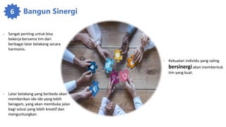 6 Bangun Sinergi
- Sangat penting untuk bisa
bekerja bersama tim dari
berbagai latar belakang secara
harmonis.
- Latar belakang yang berbeda akan
memberikan ide-ide yang lebih
beragam, yang akan membuka jalan
bagi solusi yang lebih kreatif dan
menguntungkan.
- Kekuatan individu yang saling
bersinergi akan membentuk
tim yang kuat.
 