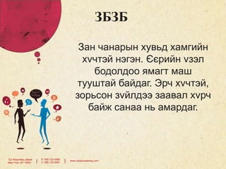ЗБЗБ
Зан чанарын хувьд хамгийн
хvчтэй нэгэн. Єєрийн vзэл
бодолдоо ямагт маш
тууштай байдаг. Эрч хvчтэй,
зорьсон зvйлдээ заавал хvрч
байж санаа нь амардаг.

123 West Main Street
New York, NY 10001

|

P: 555.123.4568
F: 555.123.4567

|

www.carecounseling.com

 