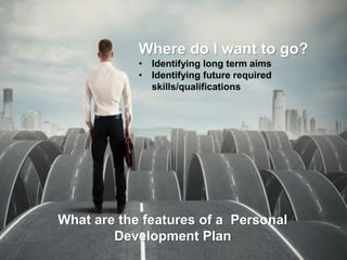 What are the features of a Personal
Development Plan
Where do I want to go?
• Identifying long term aims
• Identifying future required
skills/qualifications