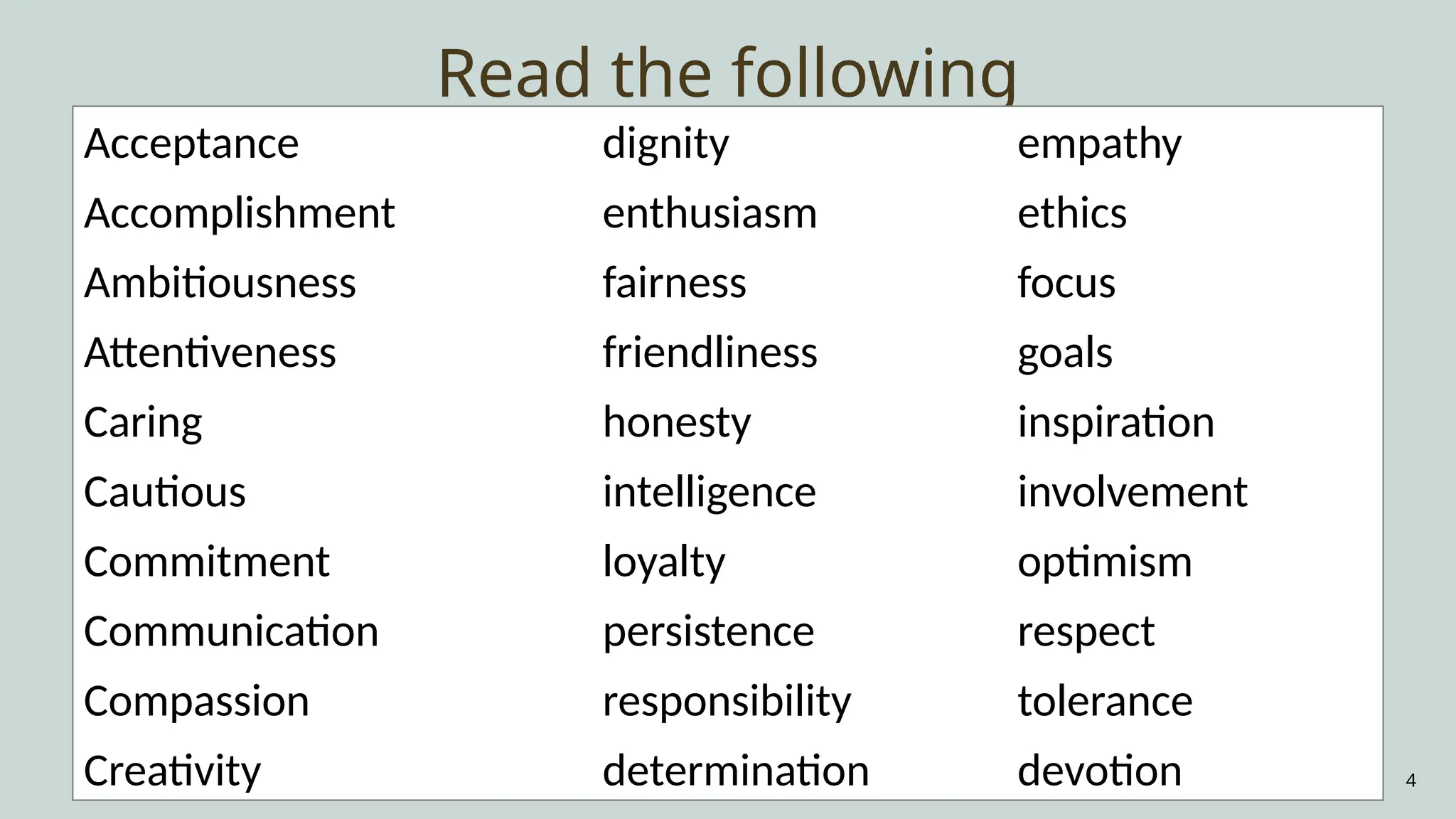 4
Read the following
Acceptance dignity empathy
Accomplishment enthusiasm ethics
Ambitiousness fairness focus
Attentiveness friendliness goals
Caring honesty inspiration
Cautious intelligence involvement
Commitment loyalty optimism
Communication persistence respect
Compassion responsibility tolerance
Creativity determination devotion
 