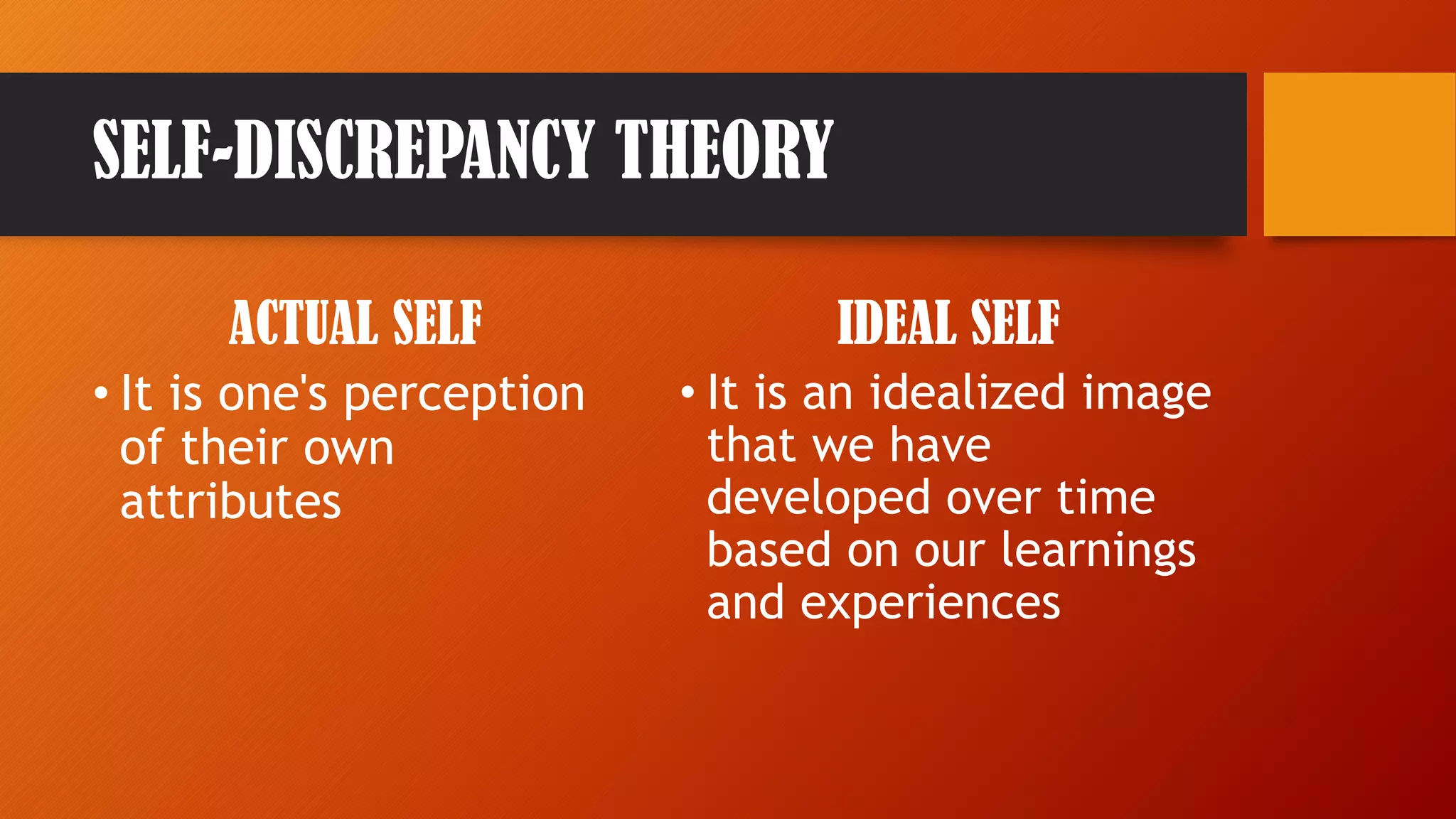 SELF-DISCREPANCY THEORY
ACTUAL SELF
• It is one's perception
of their own
attributes
IDEAL SELF
• It is an idealized image
that we have
developed over time
based on our learnings
and experiences