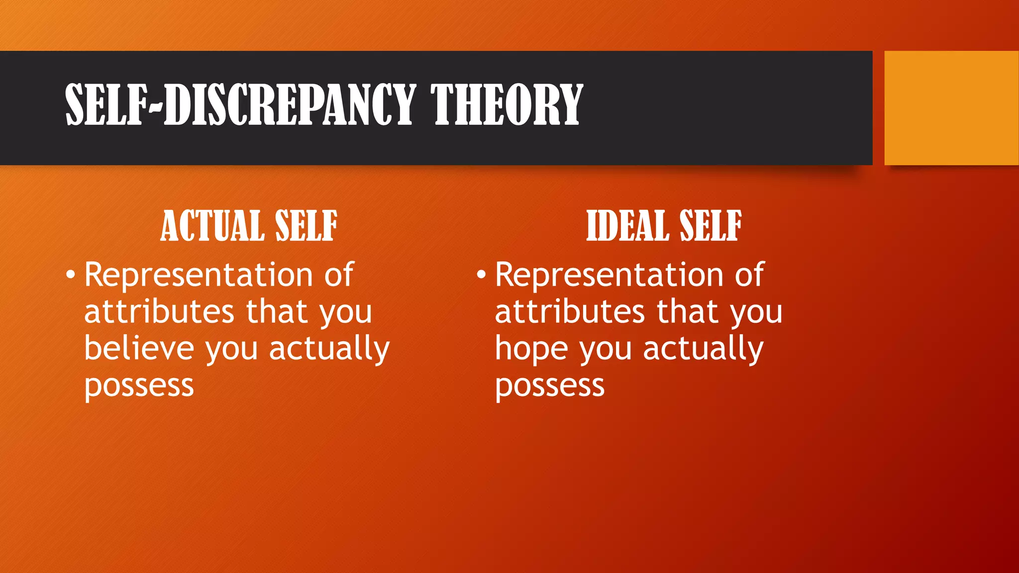 SELF-DISCREPANCY THEORY
ACTUAL SELF
• Representation of
attributes that you
believe you actually
possess
IDEAL SELF
• Representation of
attributes that you
hope you actually
possess