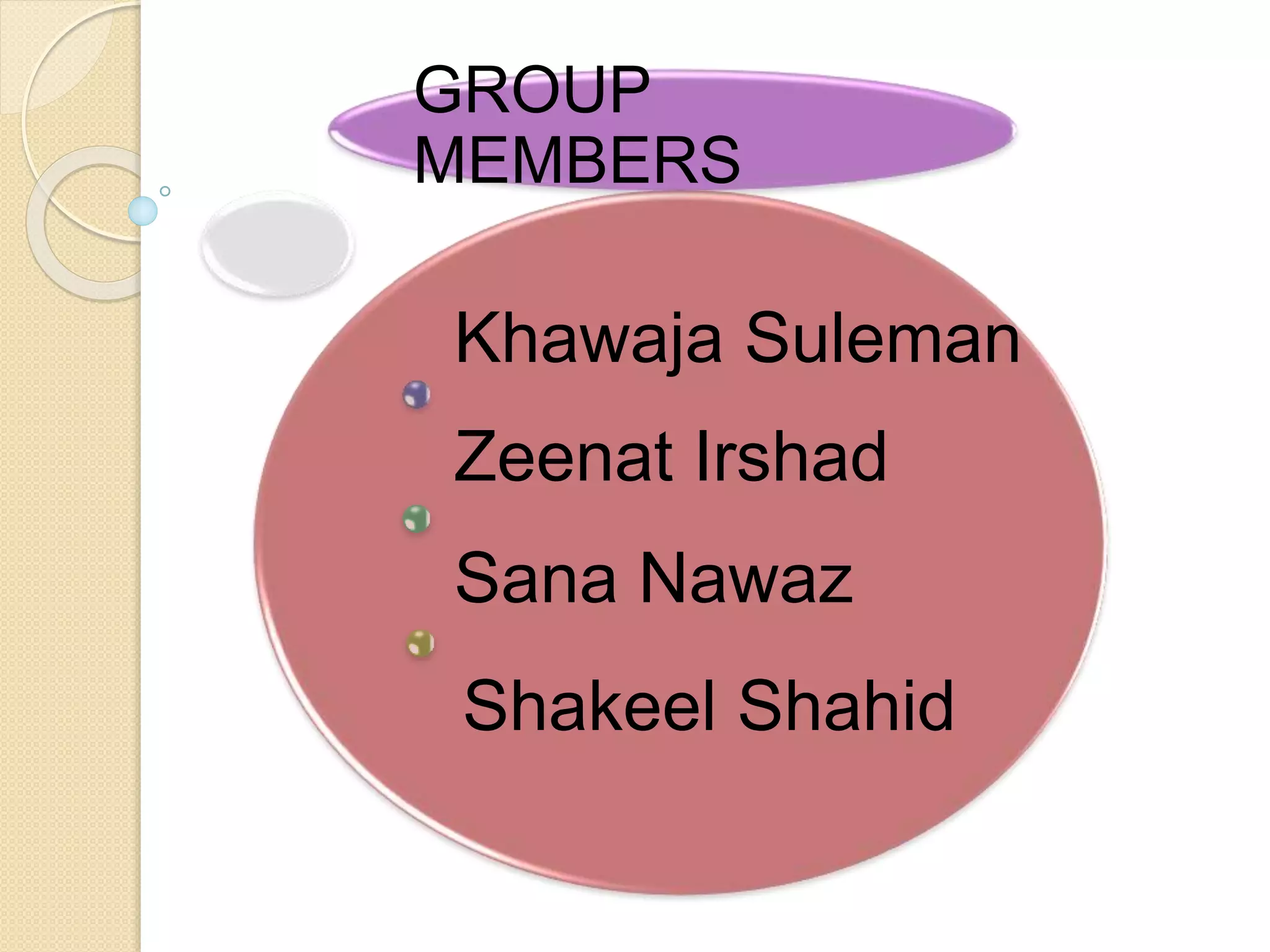 Khawaja Suleman
Zeenat Irshad
Sana Nawaz
Shakeel Shahid
GROUP
MEMBERS
 