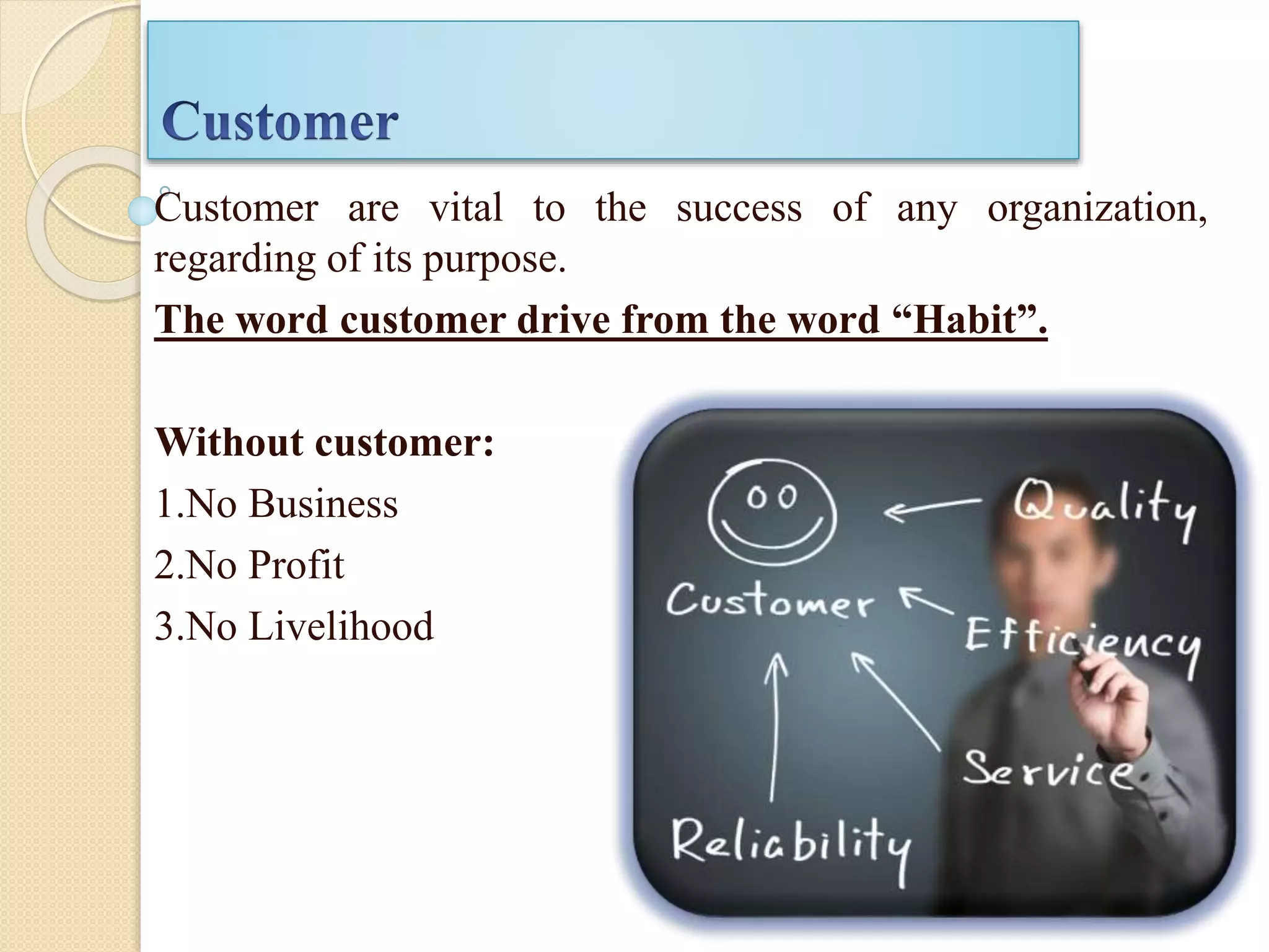 Customer are vital to the success of any organization,
regarding of its purpose.
The word customer drive from the word “Habit”.
Without customer:
1.No Business
2.No Profit
3.No Livelihood
 