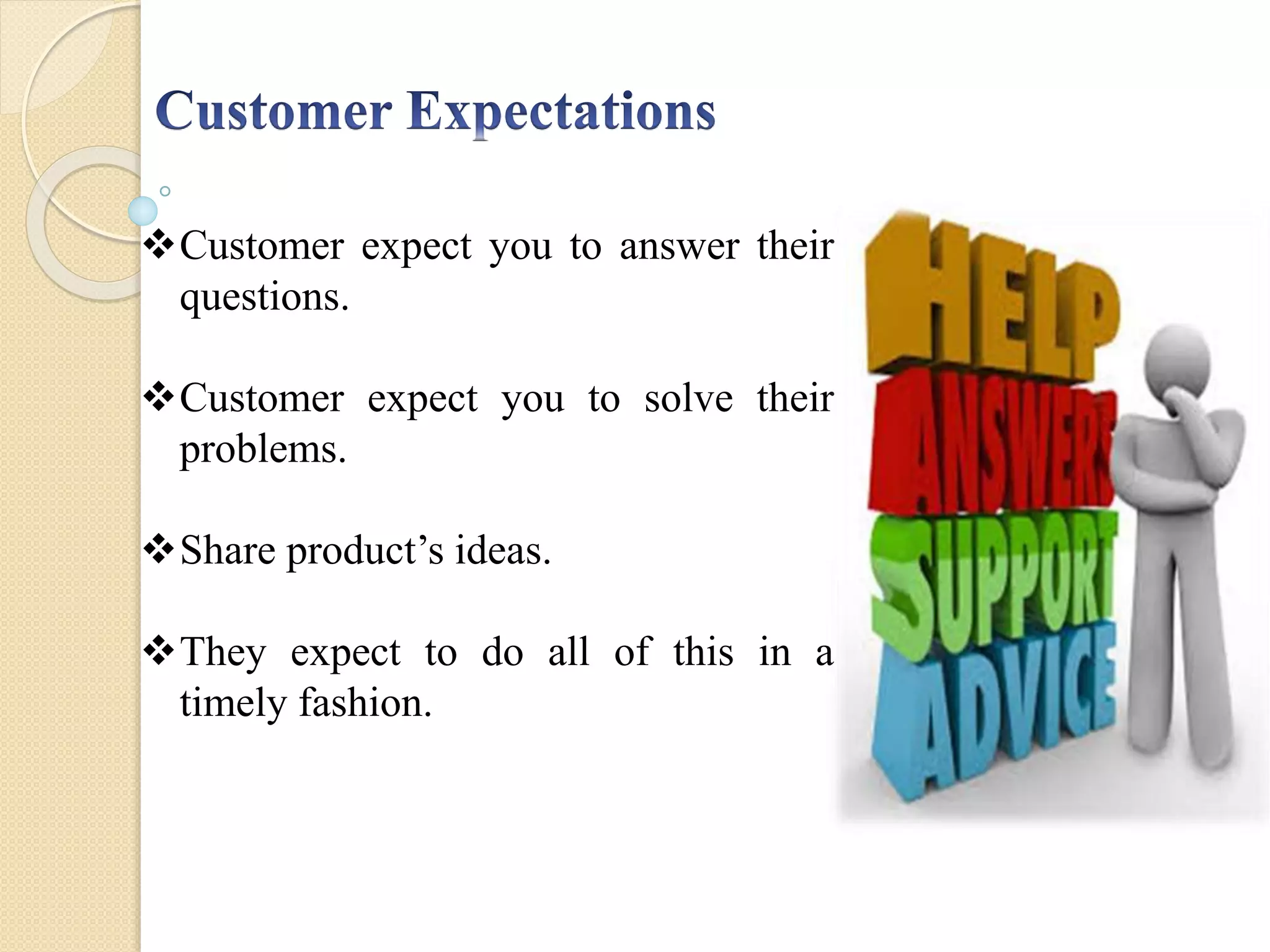 Customer expect you to answer their
questions.
Customer expect you to solve their
problems.
Share product’s ideas.
They expect to do all of this in a
timely fashion.
 