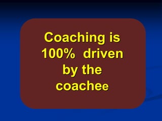 v
s.
Coach does not need to
have direct experience of
client’s occupational role
unless it is specific and
skills focused
...