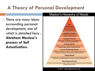 A Theory of Personal Development
 There are many ideas
surrounding personal
development, one of
which is detailed here -
Abraham Maslow's
process of Self
Actualisation.
 