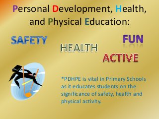 Personal Development, Health,
and Physical Education:
*PDHPE is vital in Primary Schools
as it educates students on the
significance of safety, health and
physical activity.
 