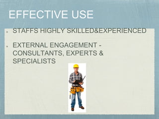 STAFFS HIGHLY SKILLED&EXPERIENCED
EXTERNAL ENGAGEMENT -
CONSULTANTS, EXPERTS &
SPECIALISTS
 