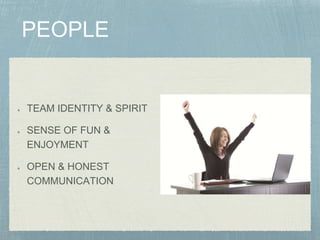 TEAM IDENTITY & SPIRIT
SENSE OF FUN &
ENJOYMENT
OPEN & HONEST
COMMUNICATION
 