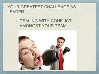 YOUR GREATEST CHALLENGE AS
LEADER
DEALING WITH CONFLICT
AMONGST YOUR TEAM
 