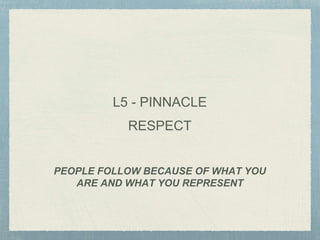 PEOPLE FOLLOW BECAUSE OF WHAT YOU
ARE AND WHAT YOU REPRESENT
L5 - PINNACLE
RESPECT
 