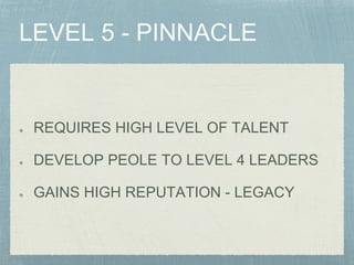 REQUIRES HIGH LEVEL OF TALENT
DEVELOP PEOLE TO LEVEL 4 LEADERS
GAINS HIGH REPUTATION - LEGACY
 