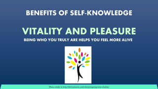 BENEFITS OF SELF-KNOWLEDGE
VITALITY AND PLEASURE
Photo credit to http://drritamarie.com/vibrant/spring-into-vitality/
BEING WHO YOU TRULY ARE HELPS YOU FEEL MORE ALIVE
 